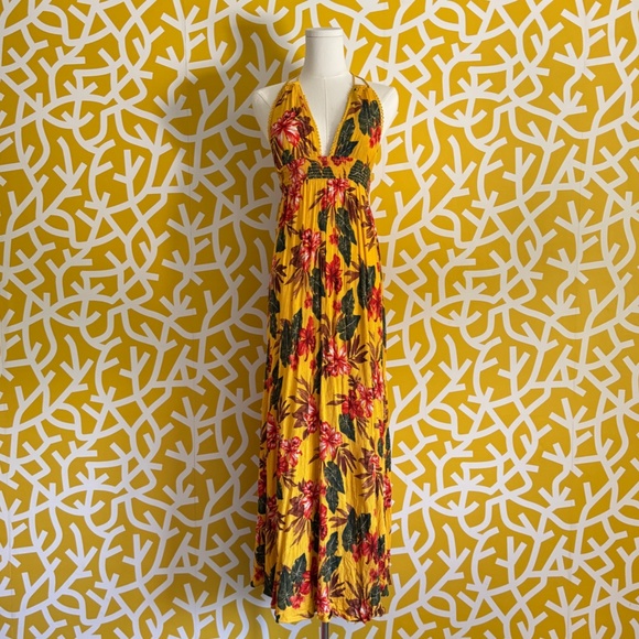 Forever 21 Yellow Green Floral Tropical Maxi Open Back Halter Low Cut Dress - SM - Picture 1 of 4